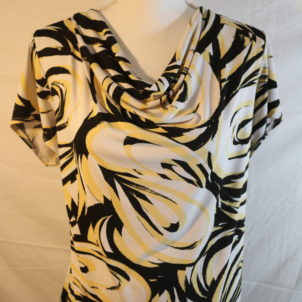 Chico's Size 3 SS Dress Blouse Black White Yellow